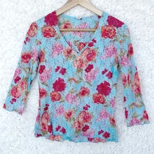 Floral Lace Blouse Top Po Made in USA Red Pink Blue X-Large Womens Y2K Vtg 90's